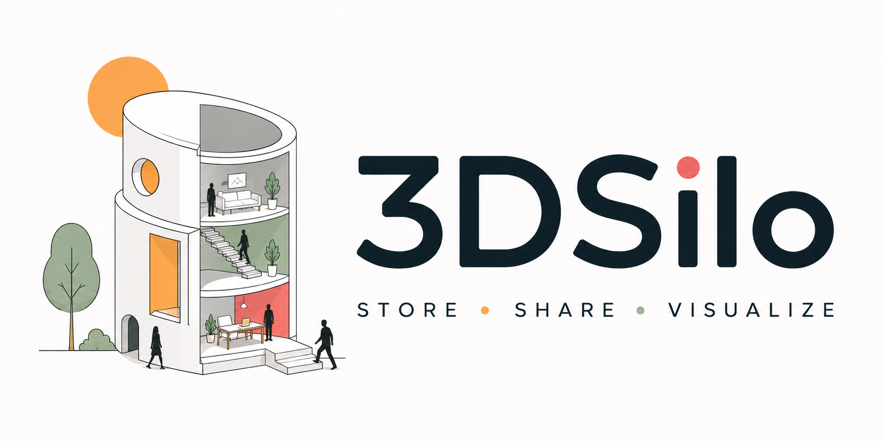 3DSilo — illustrated cutaway of a 3-story silo building beside the 3DSilo logo with Store, Share, Visualize tagline